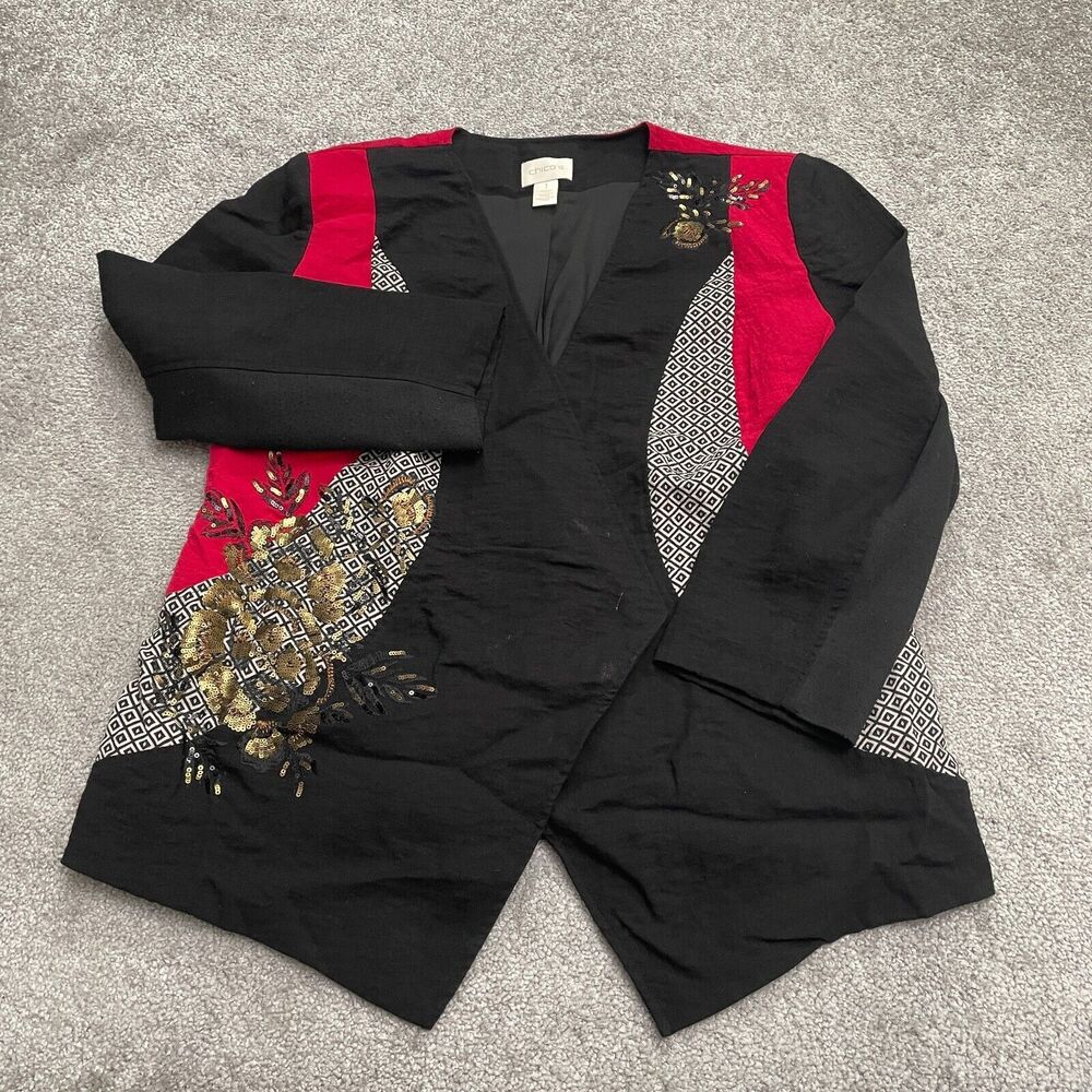 Chico's Sequin Wrap Open Blazer Jacket Womens 1 8 Black Red Lined Embellised